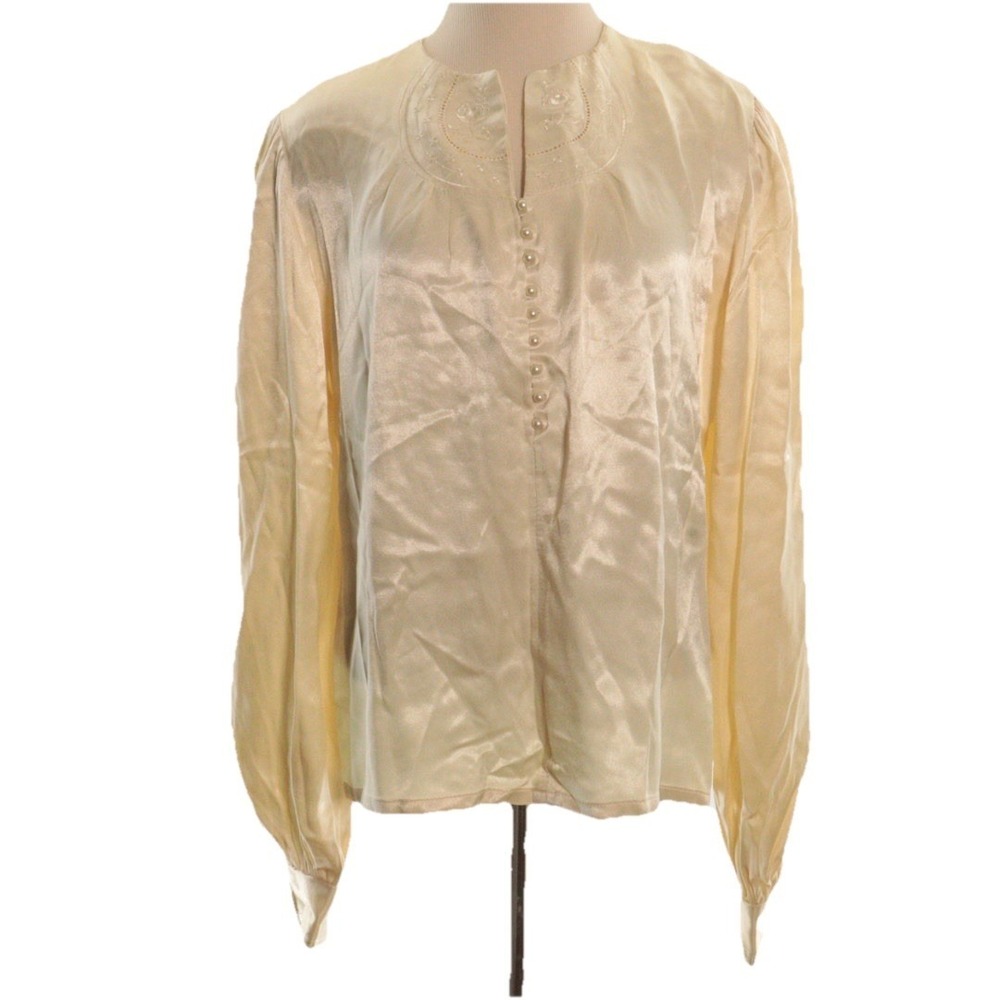 Vintage Jessica's Gunnies Peasant Cream Satin Embroidered Blouse Pearl Collar 13